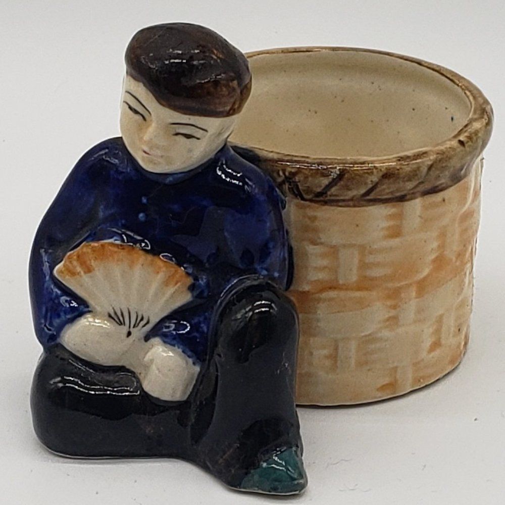Occupied Japan Vintage Hand Painted Porcelain Sitting Japanese Man w/Fan Planter